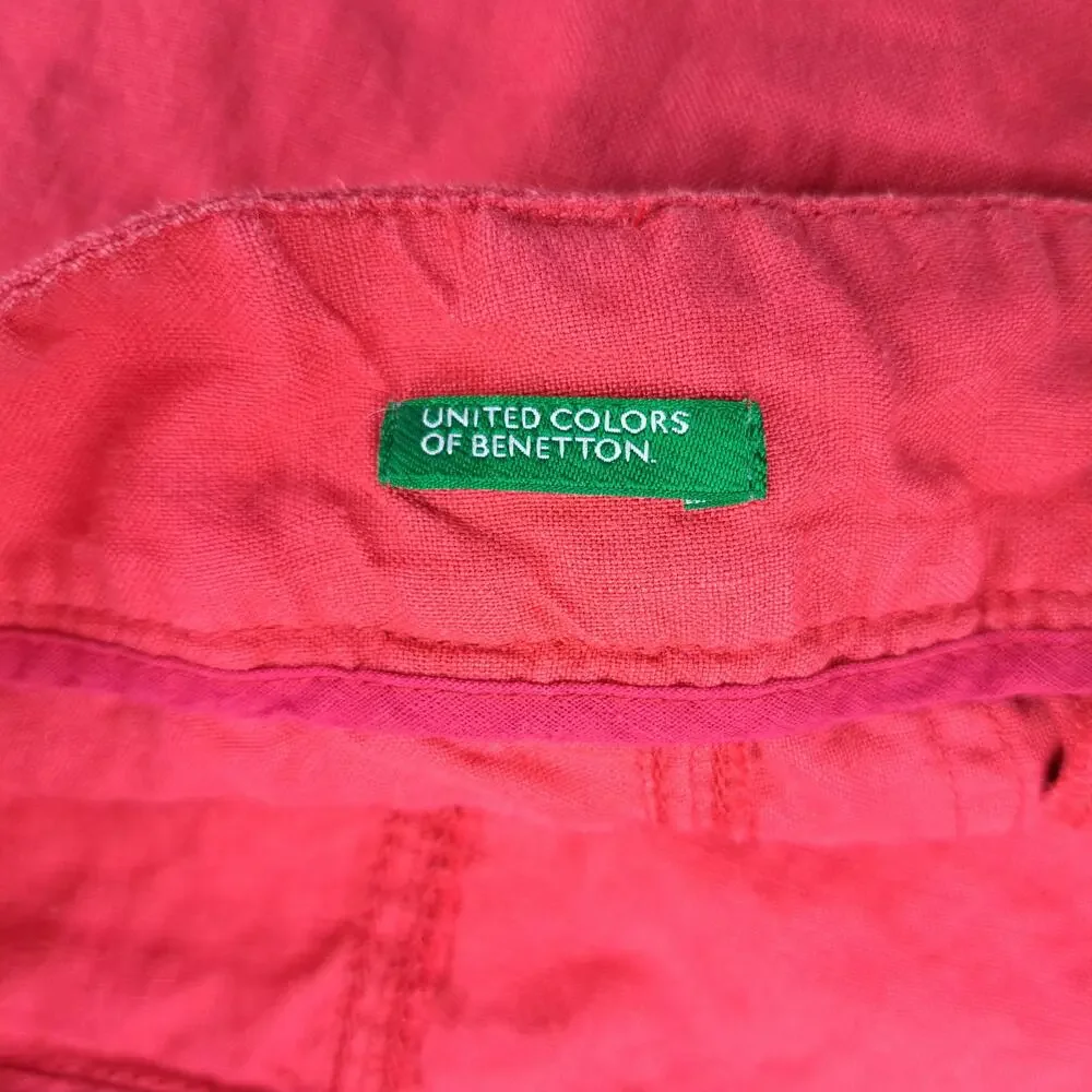 United Colors Of Benetton Skirt Womens 42 Small Red 100% Linen A Line Pockets